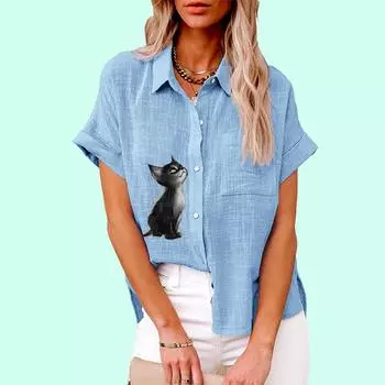 Плюс размер Женская мода кошачий принт Топ Лето & Осень Повседневная застегивающаяся футболка Женская свободная льняная блузка с коротким рукавом S белый