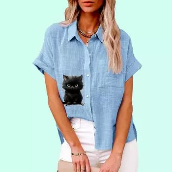 Плюс размер Женская мода кошачий принт Топ Лето & Осень Повседневная застегивающаяся футболка Женская свободная льняная блузка с коротким рукавом S белый