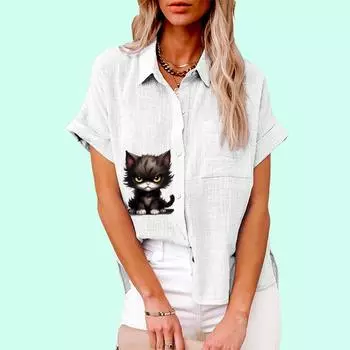 Плюс размер Женская мода кошачий принт Топ Лето & Осень Повседневная застегивающаяся футболка Женская свободная льняная блузка с коротким рукавом S белый