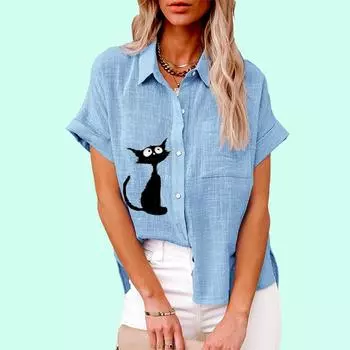 Плюс размер Женская мода кошачий принт Топ Лето & Осень Повседневная застегивающаяся футболка Женская свободная льняная блузка с коротким рукавом S белый