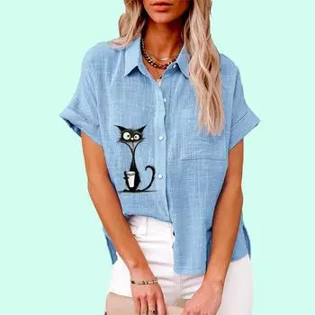 Плюс размер Женская мода кошачий принт Топ Лето & Осень Повседневная застегивающаяся футболка Женская свободная льняная блузка с коротким рукавом S белый