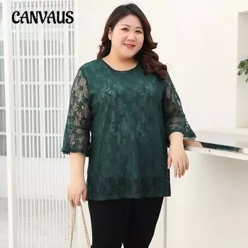 Плюс Размер Женская мода кружева с длинными рукавами повседневный круглый вырез топ 3XL чёрный