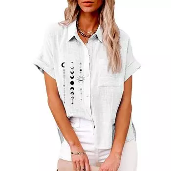 Плюс размер Женская мода лацкан воротника с принтом футболка лето и осень повседневный льняной топ женская застегивающаяся свободная блузка с коротким рукавом S белый