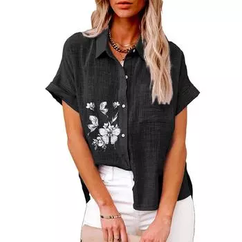 Плюс размер Женская мода лацкан воротника с принтом футболка лето и осень повседневный льняной топ женская застегивающаяся свободная блузка с коротким рукавом S белый