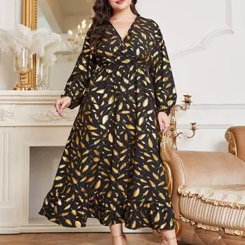 Плюс Размер Женская мода Новое эластичный пояс перо принт горячее золотое платье 0XL чёрный