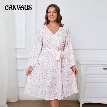 Плюс Размер Женская мода Новое цветочное свежее милое эластичное платье с V-образным вырезом и длинным рукавом 1XL