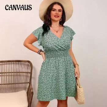 Плюс Размер Женская мода Новое Короткий рукав V-образный вырез Талия Цветочное платье 0XL светло-зеленый