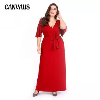 Плюс Размер Женская мода Новое платье с рукавами-накидками Красное сексуальное платье с V-образным вырезом и юбкой XL красный