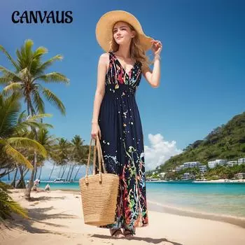 Плюс Размер Женская Мода Новый Лед Шелкография Цветок Пляж Длинное Платье S