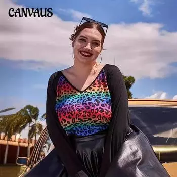 Плюс Размер Женская мода Новый леопардовый принт Длинный рукав Топ 1XL