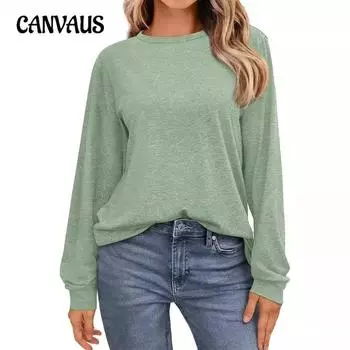 Плюс Размер Женская мода Новый однотонный круглый вырез свободный длинный рукав топ S белый