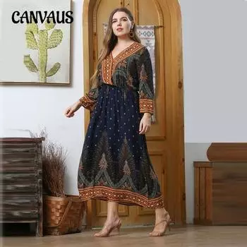 Плюс Размер Женская мода Новый свободный принт пуловер V-образный вырез длинное платье XL павлин голубой