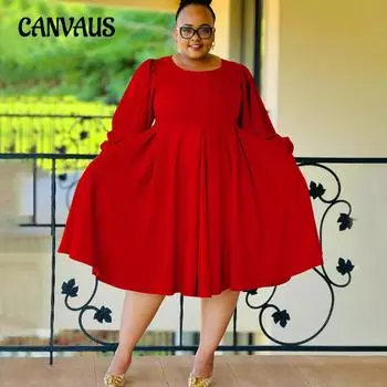 Плюс Размер Женская мода Повседневная однотонная юбка с пышными рукавами Платье 1XL зелёный