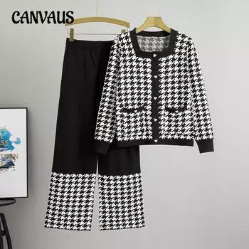 Плюс Размер Женская мода Повседневный Весна Длинные рукава Клетчатый Двухсекционный Костюм one size чёрный