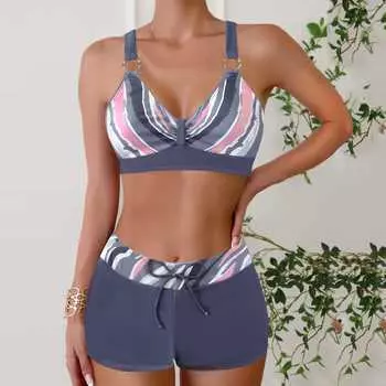 Плюс Размер Женская мода сексуальный круглый вырез дугообразный полосатый комплект бикини облегающий пляжный купальник из двух частей S чёрный