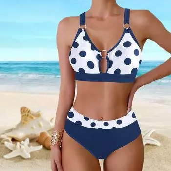 Плюс Размер Женская мода сексуальный круглый вырез синий горошек бикини комплект облегающий пляжный купальники комплект из двух частей S синий