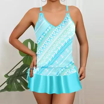 Плюс Размер Женская мода сексуальный круглый вырез горловины полосатый узор и текст бикини комплект облегающий пляжный купальник комплект из двух частей S циан