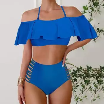 Плюс Размер Женская мода сексуальный круглый вырез часть бикини комплект облегающий пляжный купальники комплект из двух частей S белый