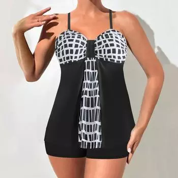 Плюс Размер Женская мода сексуальный круглый вырез средняя полоса бикини комплект облегающий пляжный купальники комплект из двух частей S синий