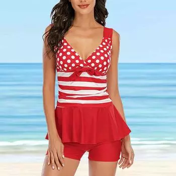 Плюс Размер Женская мода сексуальный круглый вырез горловины пятнистый полосатый бикини комплект облегающий пляжный купальник из двух частей S синий