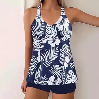 Плюс размер Женская мода сексуальный круглый вырез синий пальма бикини комплект облегающий пляжный купальник из двух частей комплект S синий