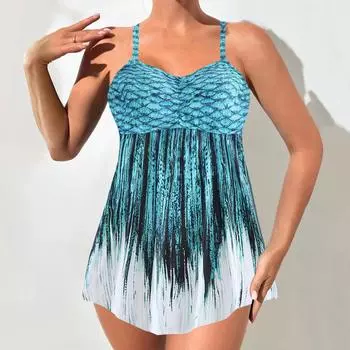 Плюс Размер Женская мода сексуальный круглый вырез рыбья чешуя узор бикини комплект облегающий пляжный купальники комплект из двух частей S синий