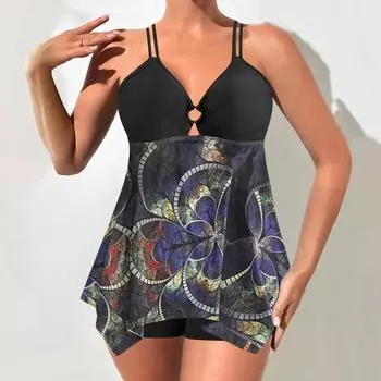 Плюс Размер Женская мода сексуальный круглый вырез фиолетовые листья бикини комплект облегающий пляжный купальник из двух частей комплект S чёрный