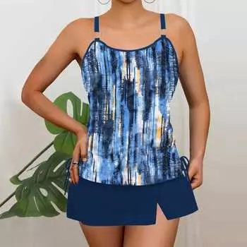 Плюс Размер Женская мода сексуальный круглый вырез синий граффити бикини комплект облегающий пляжный купальник из двух частей S синий