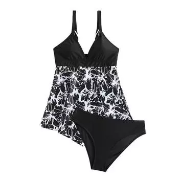 Плюс размер Женская мода сексуальный круглый вырез темный цветок бикини комплект облегающий пляжный купальник из двух частей комплект S чёрный