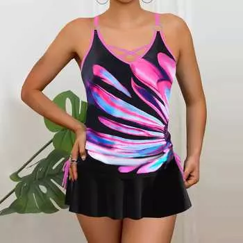 Плюс Размер Женская мода сексуальный круглый вырез фиолетовые лепестки бикини комплект облегающий пляжный купальник из двух частей S чёрный