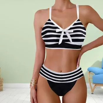 Плюс Размер Женская мода сексуальный круглый вырез мода полосатый комплект бикини облегающий пляжный купальник из двух частей S синий
