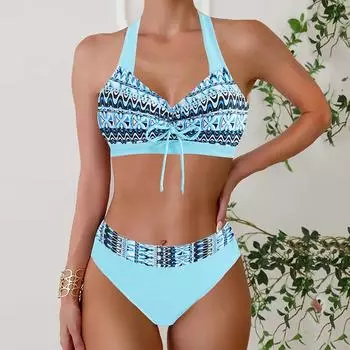 Плюс Размер Женская мода сексуальный круглый вырез волшебная графика и текст бикини комплект облегающий пляжный купальник комплект из двух частей S синий