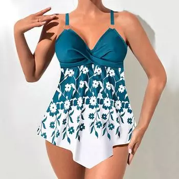 Плюс Размер Женская мода сексуальный круглый вырез синий композиция из цветов бикини комплект облегающий пляжный купальник комплект из двух частей S синий