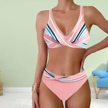Плюс Размер Женская мода сексуальный круглый вырез розовые и синие полосы бикини комплект облегающий пляжный купальник из двух частей S розовый