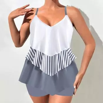 Плюс размер Женская мода сексуальный круглый вырез три слоя разных цветов бикини комплект облегающий пляжный купальник из двух частей S циан