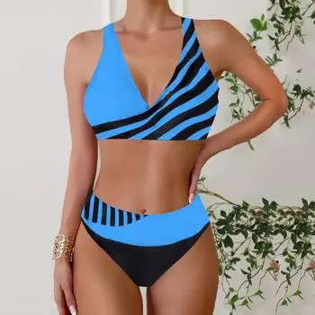 Плюс Размер Женская мода сексуальный круглый вырез наклонный полосатый бикини комплект облегающий пляжный купальник из двух частей S синий