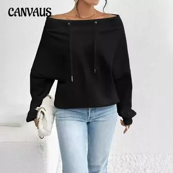 Плюс Размер Женская мода Свободный Повседневный Топ с Открытыми Плечами Линия Шеи 1XL чёрный