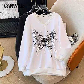 Плюс Размер Женская мода свободный принтованный V-образный вырез свитер весна и осень Положительные плечи Ленивый длинный рукав пуловер 2XL чёрный