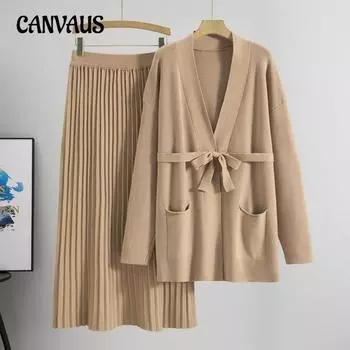 Плюс Размер Женская мода Весна Свободный кардиган свитер плиссированная юбка комплект из двух частей one size хаки