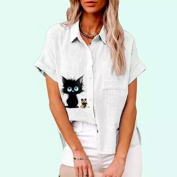 Плюс Размер Женская модная футболка с принтом Лето и осень Повседневная льняная рубашка на пуговицах Женская свободная блузка с короткими рукавами S белый