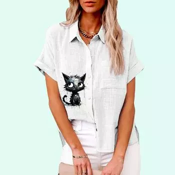 Плюс Размер Женская модная футболка с принтом Лето и осень Повседневная льняная рубашка на пуговицах Женская свободная блузка с короткими рукавами S белый