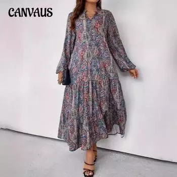 Плюс Размер Женская Новая Юбка С V-образным Вырезом С Принтом Новое Свободное Платье L