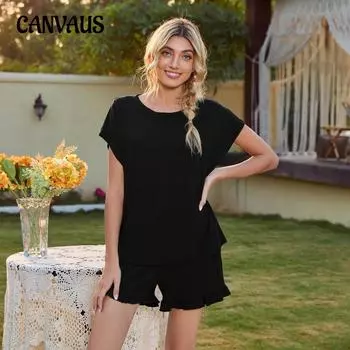 Плюс Размер Женская Новая Круглая Шея Повседневная Домашняя Одежда Короткий Рукав Шорты Пижамный Комплект S чёрный