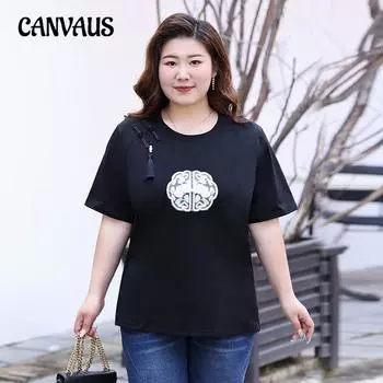 Плюс размер женская новая летняя футболка в китайском стиле с винтажной вышивкой и коротким рукавом L чёрный