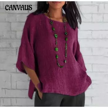 Плюс Размер Женская Новая Мода Рукав Семиточечный Круглый Вырез Рубашка Топ S фиолетовый