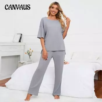 Плюс Размер Женская Новая Однотонная Круглая Трикотажная Рубашка Брюки Домашняя Одежда Повседневный Костюм S серый