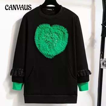 Плюс Размер Женская Новая Осенняя Кружевная Сердцевидная Круглая Шея Свободная Однотонная Модная Толстовка С Капюшоном XL чёрный