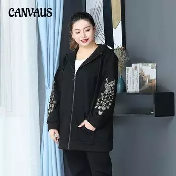 Плюс Размер Женская Новая Осенняя Куртка С Капюшоном Длинные Рукава Кардиган Вышивка Средней Длины Молния Флисовая Куртка XL