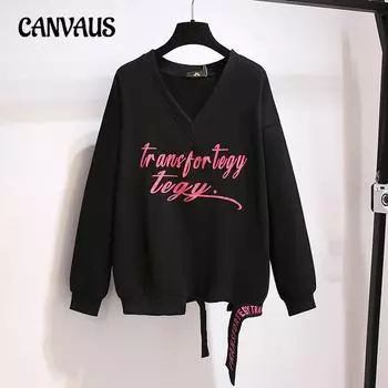 Плюс Размер Женская Новая Осенняя Свободная и Тонкая Толстовка С Принтом И V-образным Вырезом 3XL чёрный