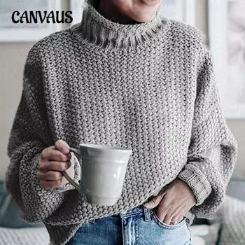 Плюс Размер Женская Новая Осенняя Вязаная Водолазка Топ Свитер S чёрный